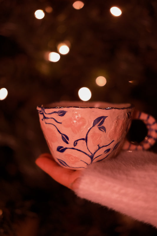 Etched Floral Pink and Blue Mug