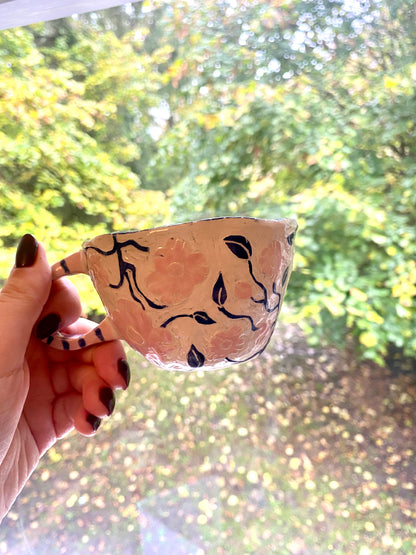 Etched Floral Pink and Blue Mug