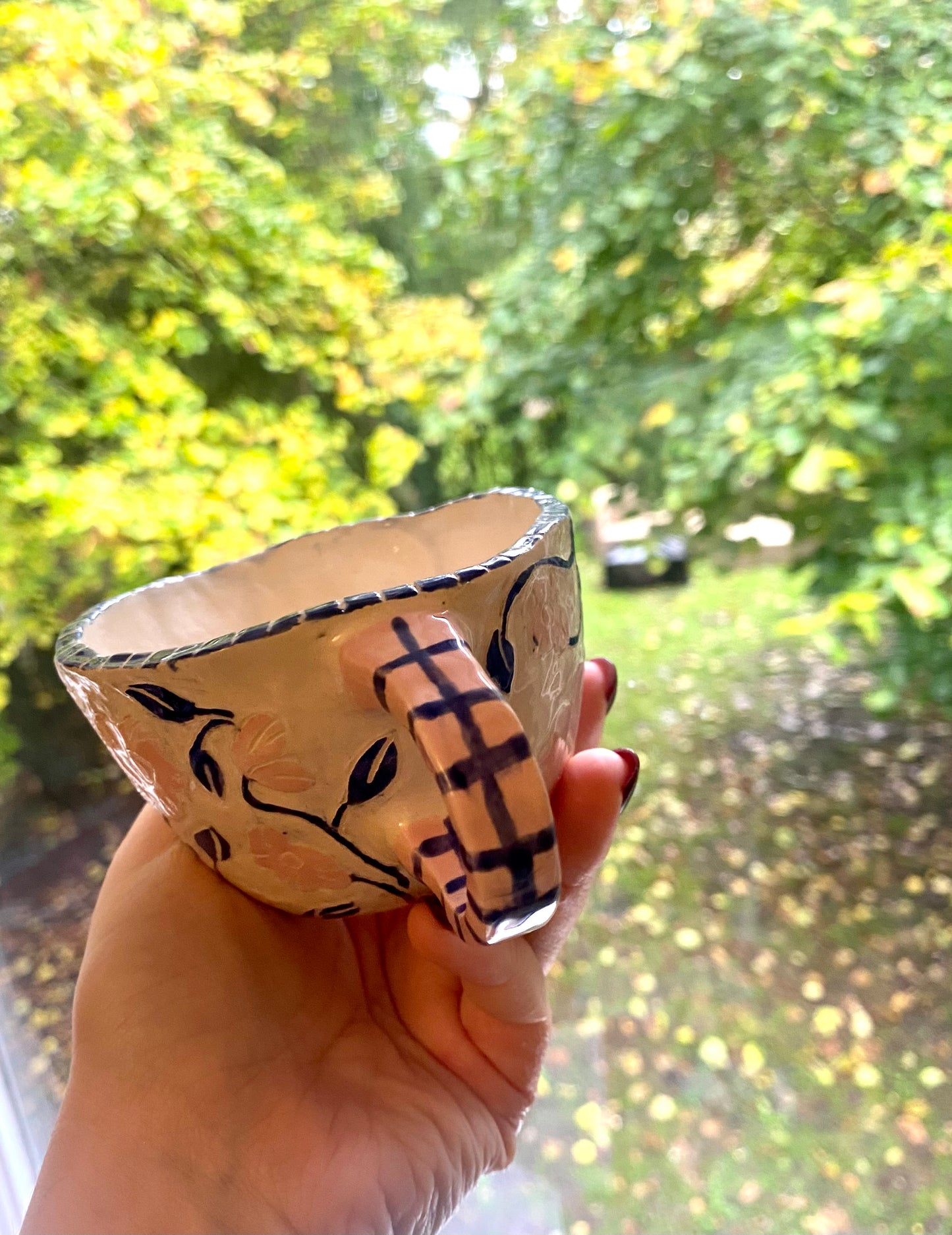 Etched Floral Pink and Blue Mug