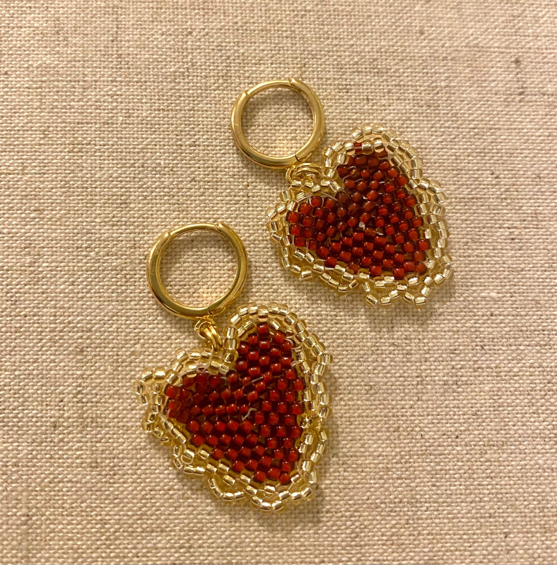 Flaming beaded heart huggie hoop earrings lever back handmade earrings red and gold dainty love heart drop earrings costume jewellery