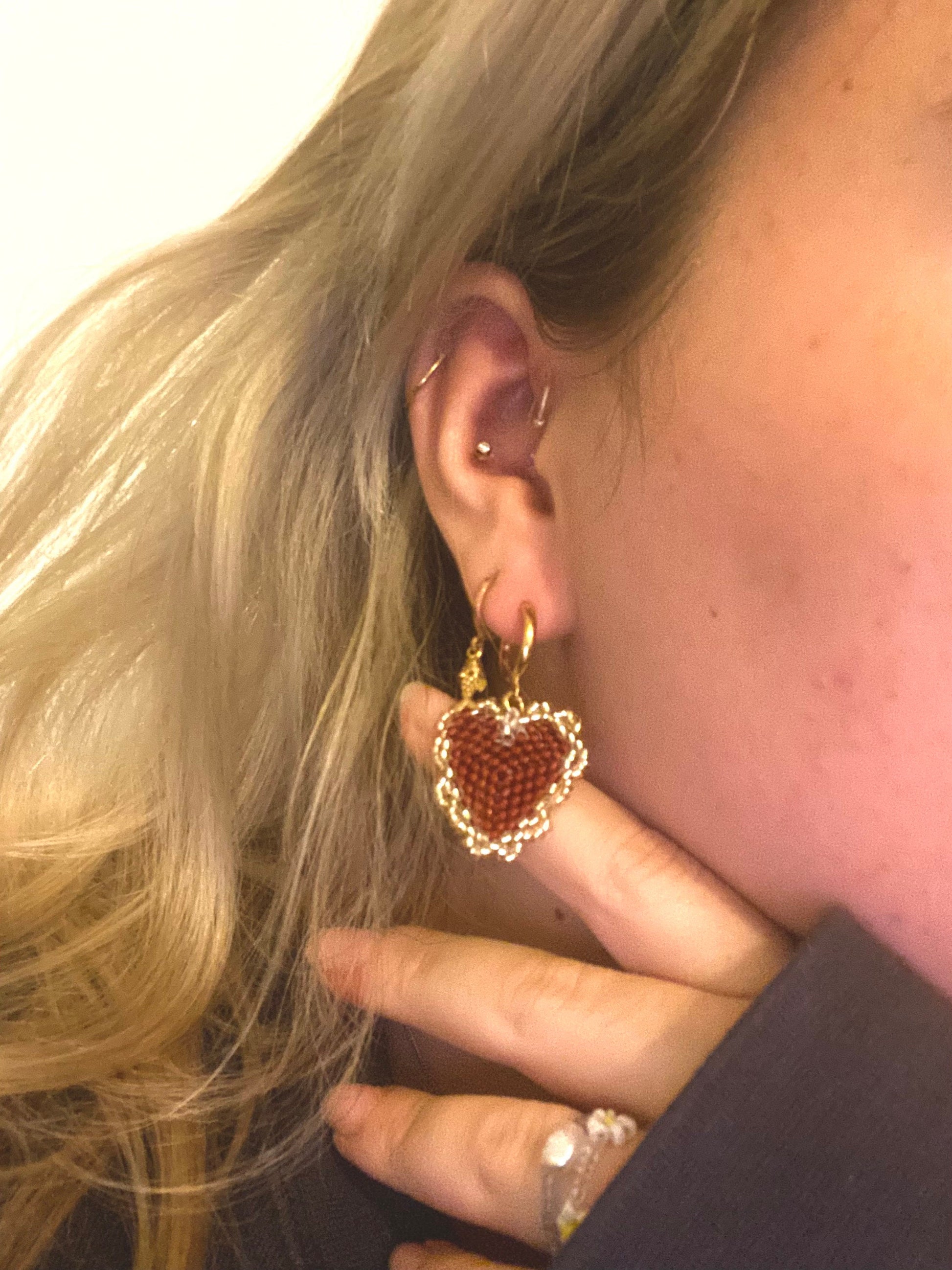 Flaming beaded heart huggie hoop earrings lever back handmade earrings red and gold dainty love heart drop earrings costume jewellery