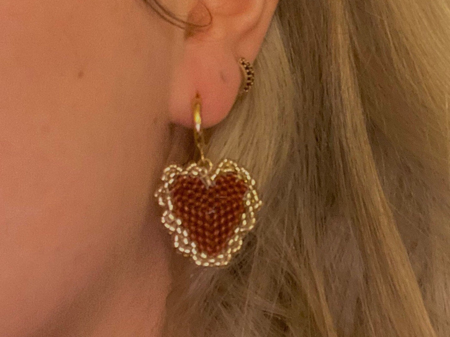 Flaming beaded heart huggie hoop earrings lever back handmade earrings red and gold dainty love heart drop earrings costume jewellery